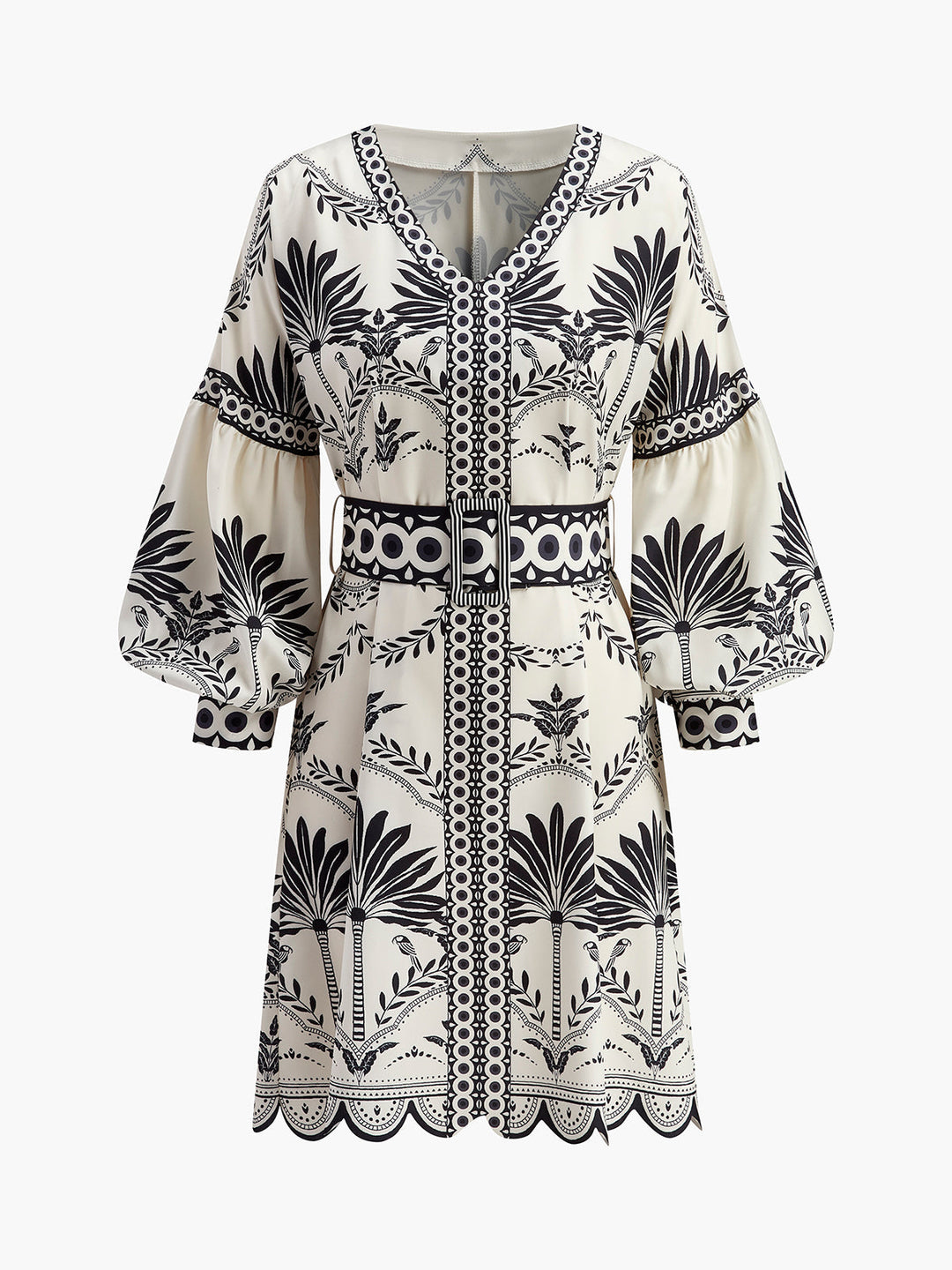 Boho Print V-Neck Belted Dress  Liora Lane Boutique Floral Dresses Black / XL 38.00