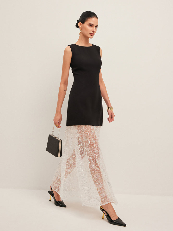 Sheer Lace Panel Sleeveless Dress  Liora Lane Boutique Dresses BlackandWhite / XL 68.00
