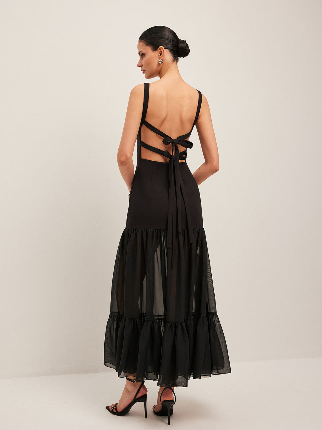 Sheer Panel Back-Tie Ruffled Hem Dress  Liora Lane Boutique Dresses Black / XL 59.00