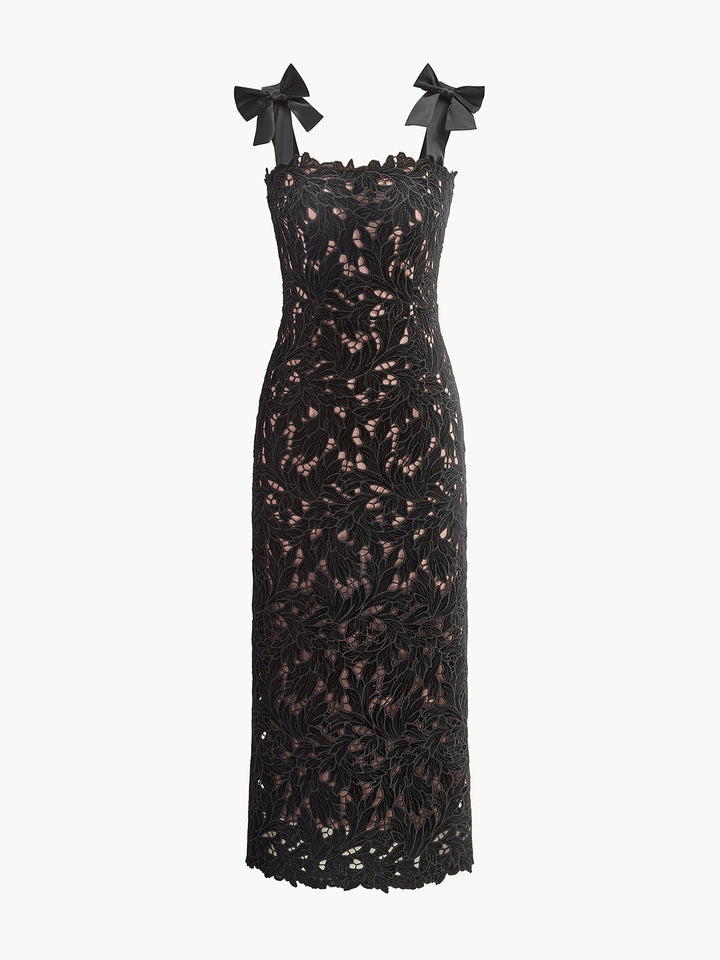 Floral Jacquard  Bow Straps Dress  Liora Lane Boutique Dresses Black / XL 96.00