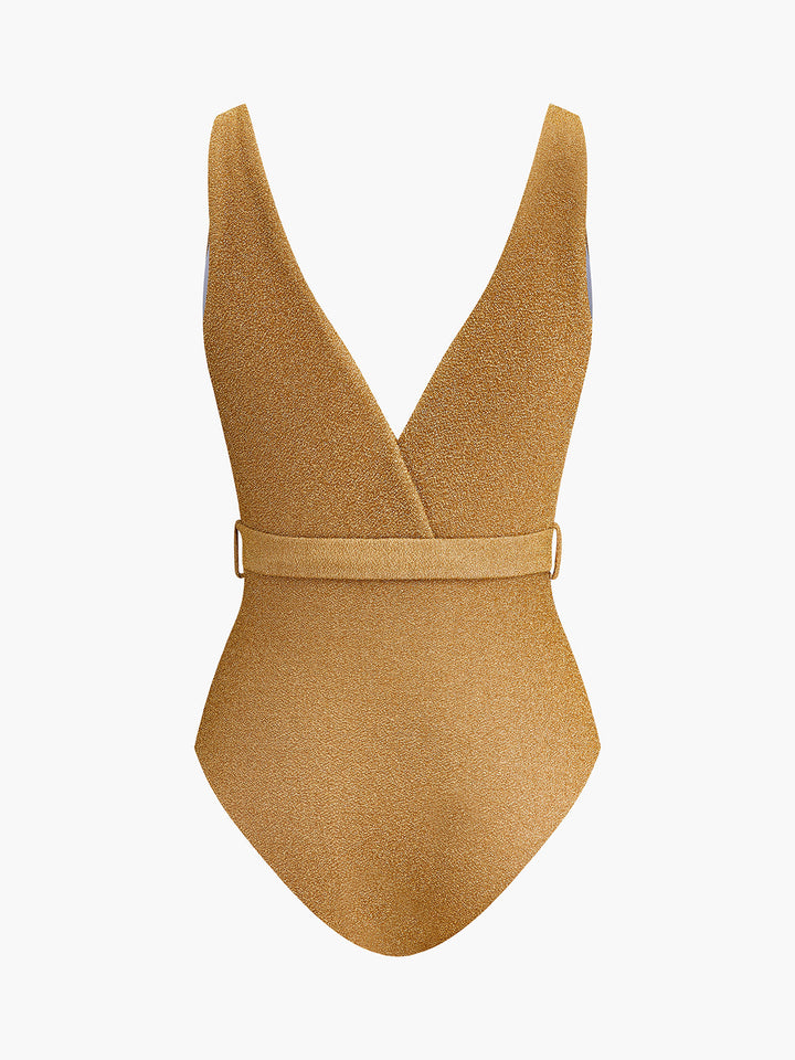 Belted V-Neck One-Piece Swimsuit  Liora Lane Boutique One-Pieces