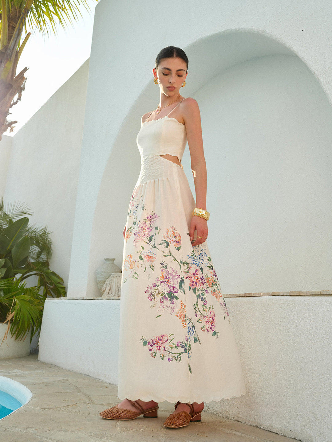 Floral Print Lace-Up Back Sleeveless Dress  Liora Lane Boutique Dresses Apricot / XL 84.99