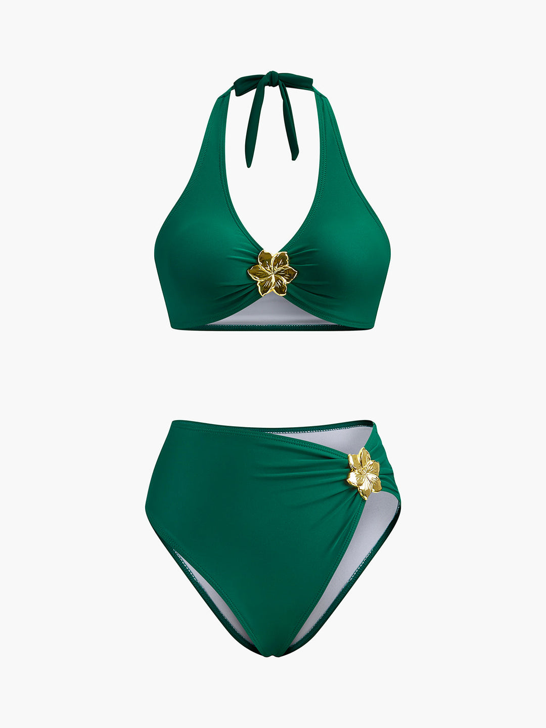 Metal Flower Detail Halter Bikini Set  Liora Lane Boutique Bikini Sets Green / L 97.99