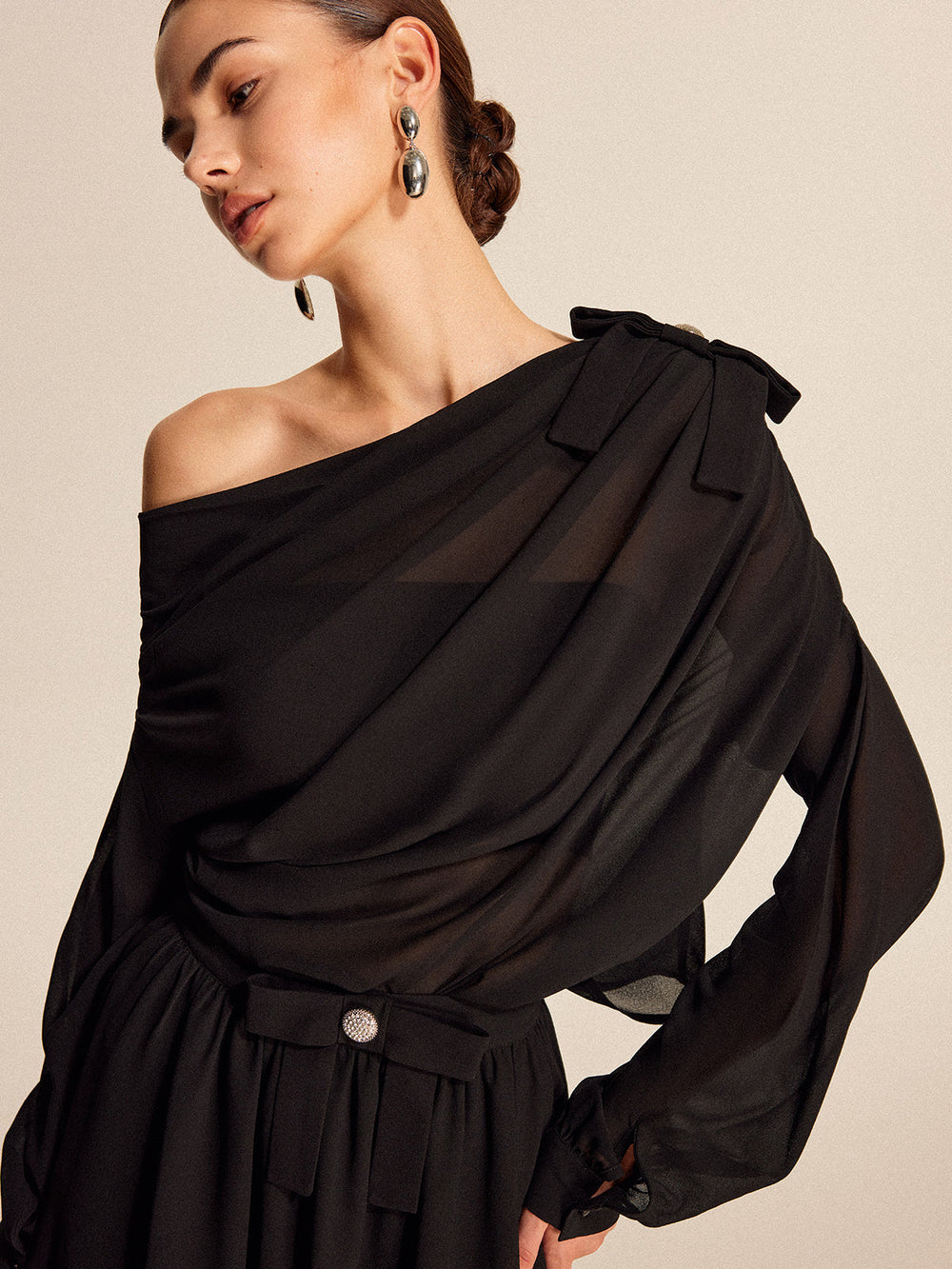 Semi-Sheer Chiffon One-Shoulder Bow Detail Skirt Set  Liora Lane Boutique Skirt Sets