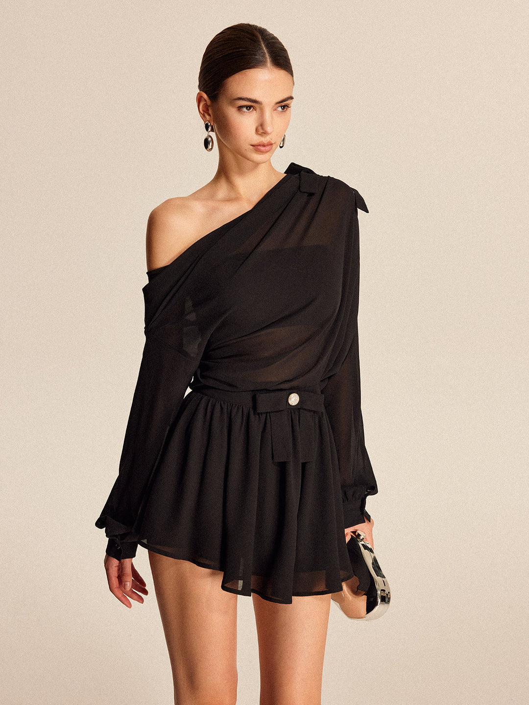 Semi-Sheer Chiffon One-Shoulder Bow Detail Skirt Set  Liora Lane Boutique Skirt Sets Black / XL 56.00