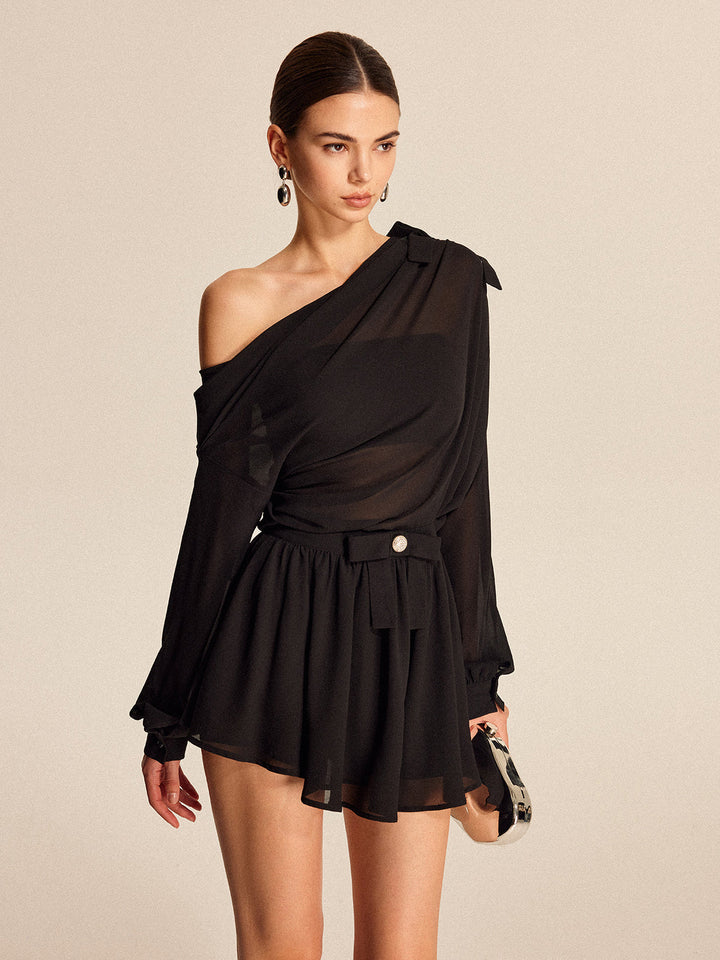 Semi-Sheer Chiffon One-Shoulder Bow Detail Skirt Set  Liora Lane Boutique Skirt Sets Black / XL 56.00