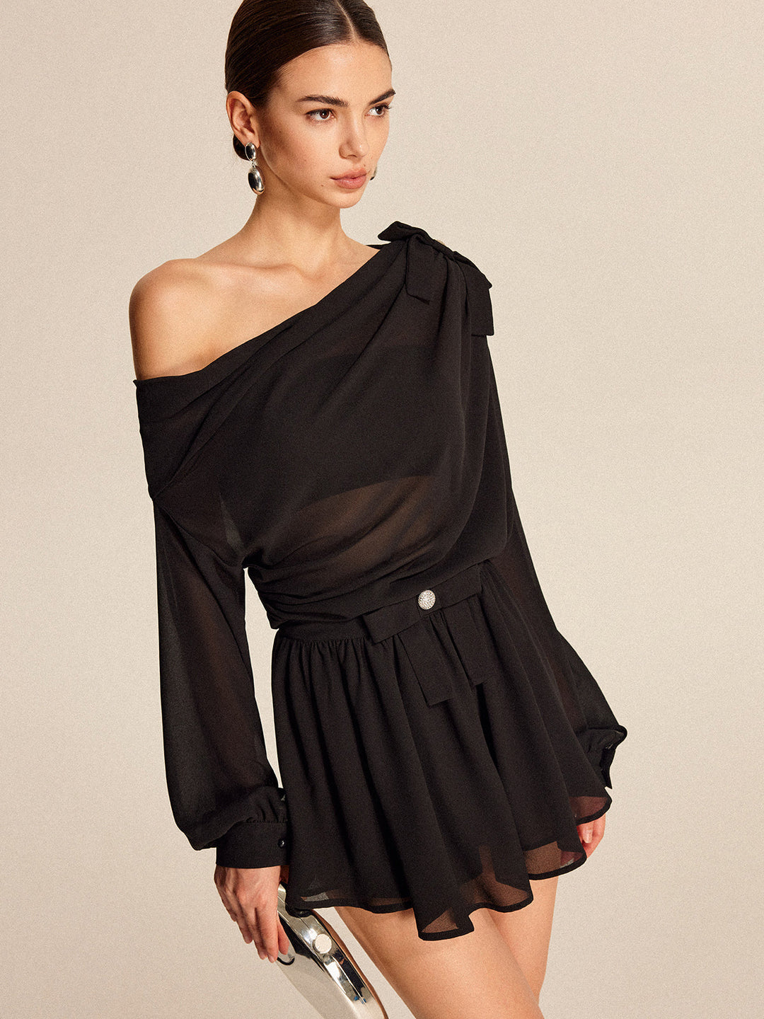Semi-Sheer Chiffon One-Shoulder Bow Detail Skirt Set  Liora Lane Boutique Skirt Sets