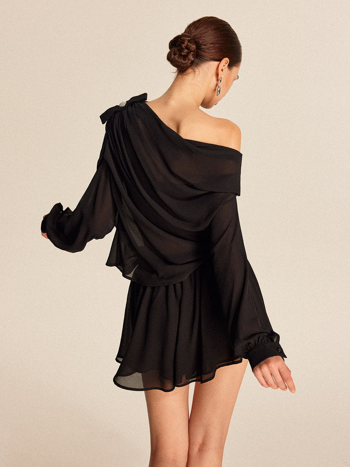 Semi-Sheer Chiffon One-Shoulder Bow Detail Skirt Set  Liora Lane Boutique Skirt Sets