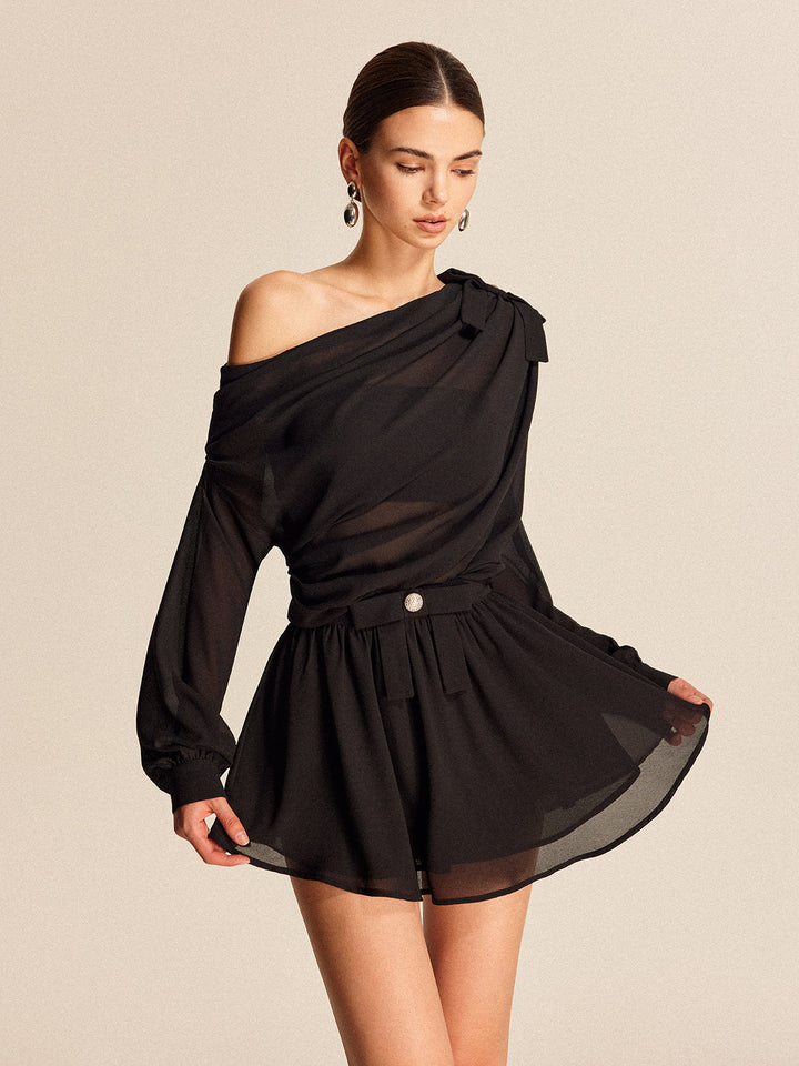 Semi-Sheer Chiffon One-Shoulder Bow Detail Skirt Set  Liora Lane Boutique Skirt Sets