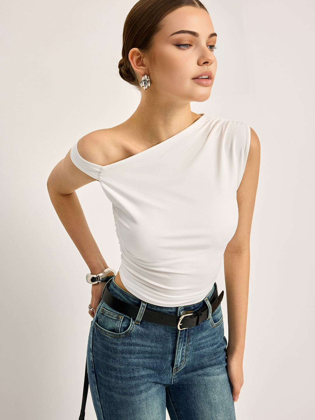 Asymmetrical Cutout Ribbed Top  Liora Lane Boutique T-Shirts White / XL 18.00