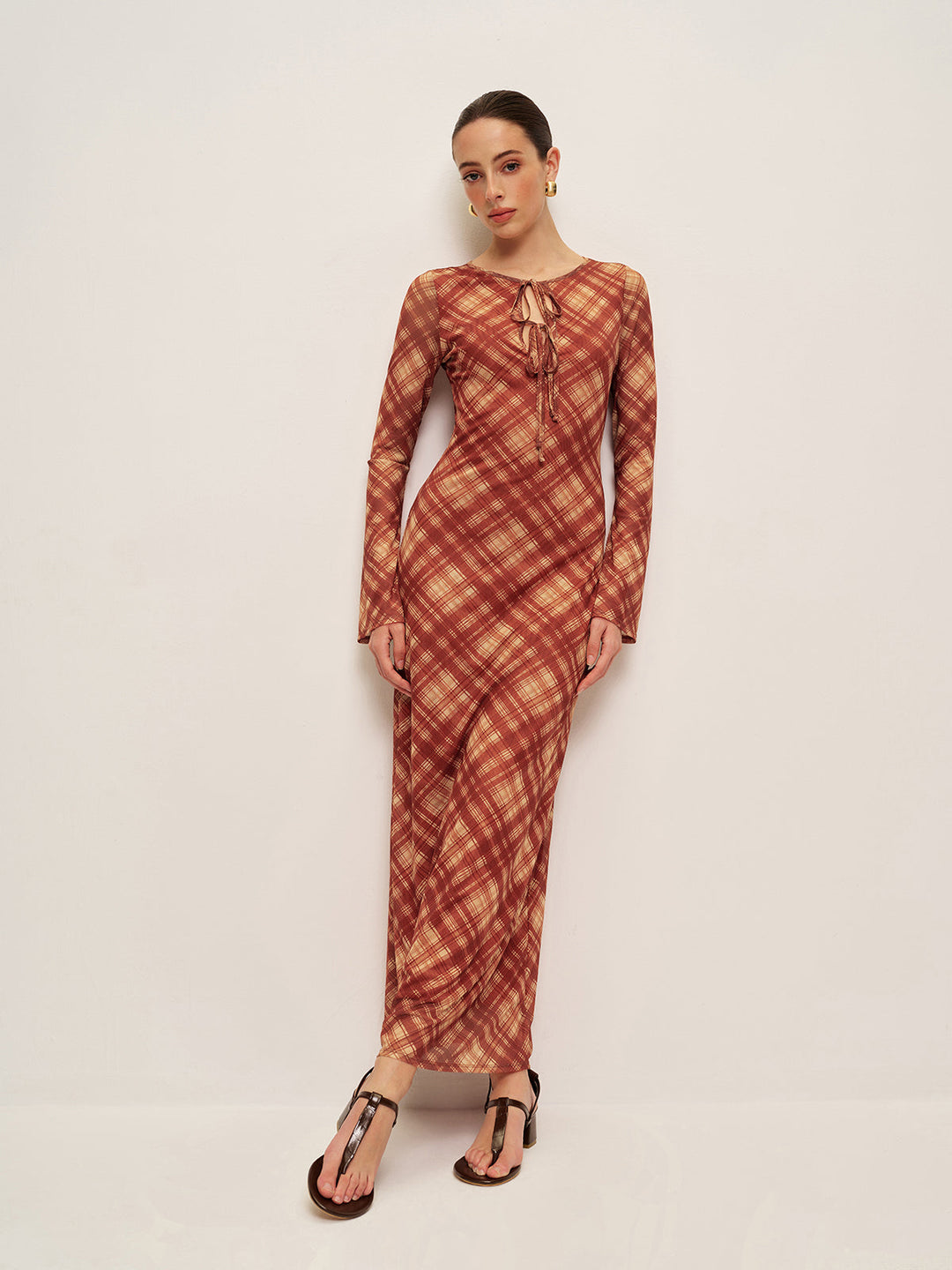 Plaid Tie-Front Long Sleeve Dress  Liora Lane Boutique Dresses Orange / XL 28.99