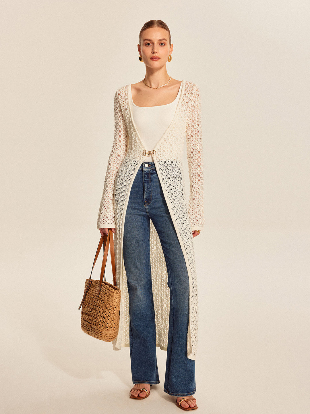 Lace Knit Metal Detail Cardigan  Liora Lane Boutique Cardigans White / XL 84.99