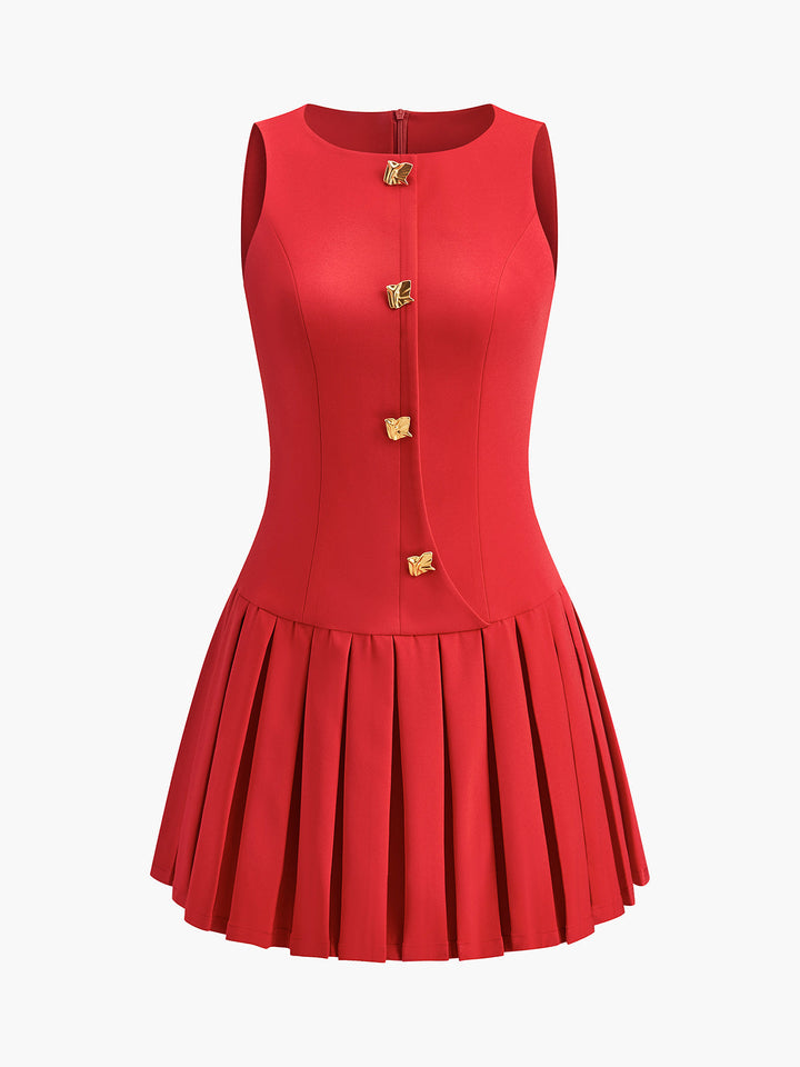 Metal-Button Pleated Tank Dress  Liora Lane Boutique Dresses Red / XL 84.99