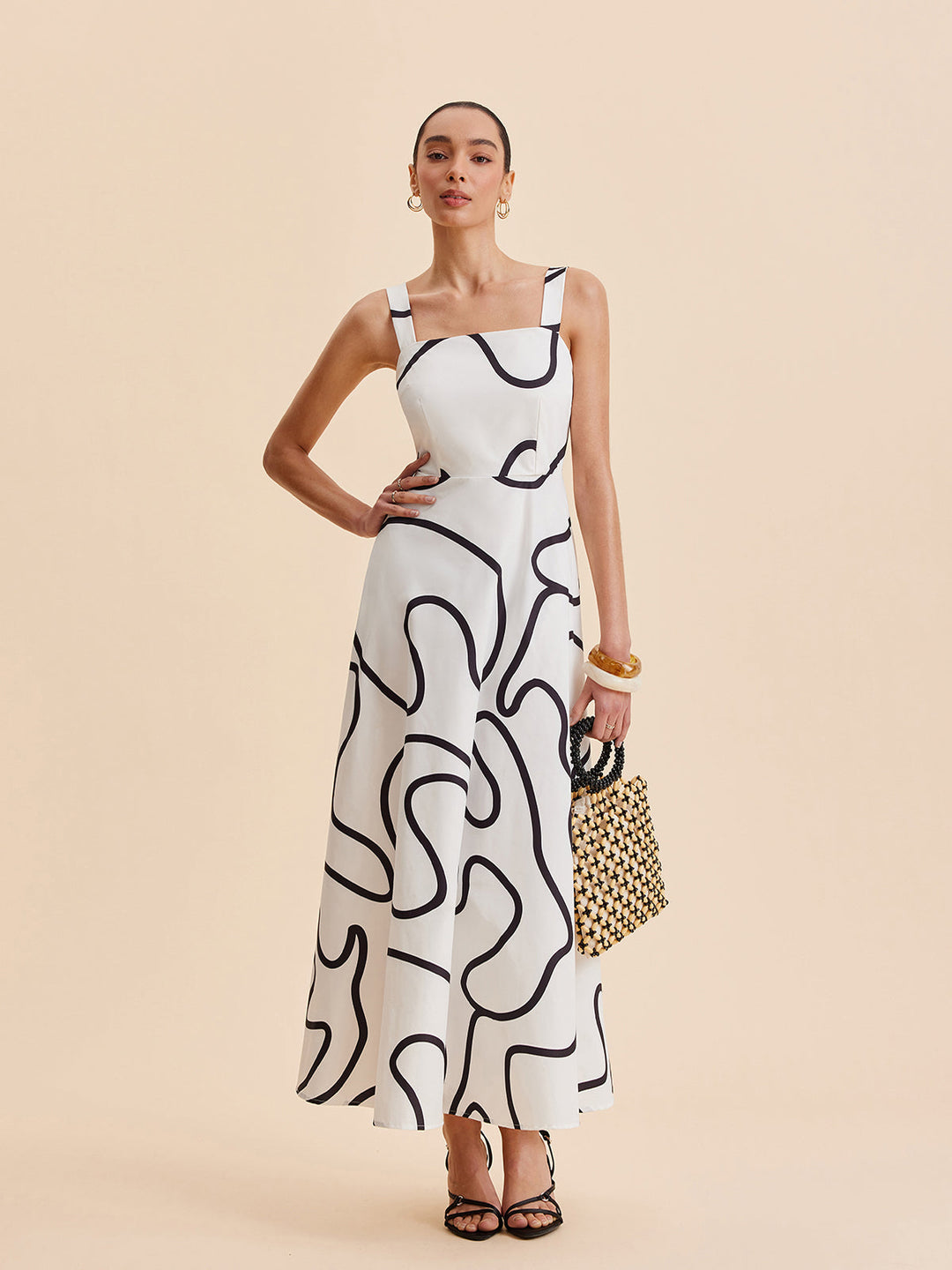 Abstract Line Print Square Strap Dress  Liora Lane Boutique Dresses