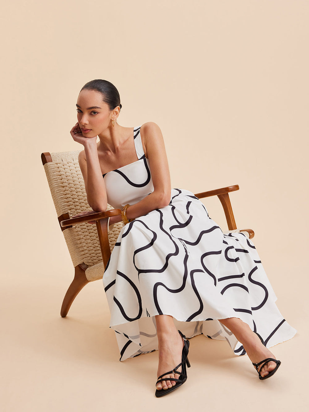 Abstract Line Print Square Strap Dress  Liora Lane Boutique Dresses White / XL 84.99