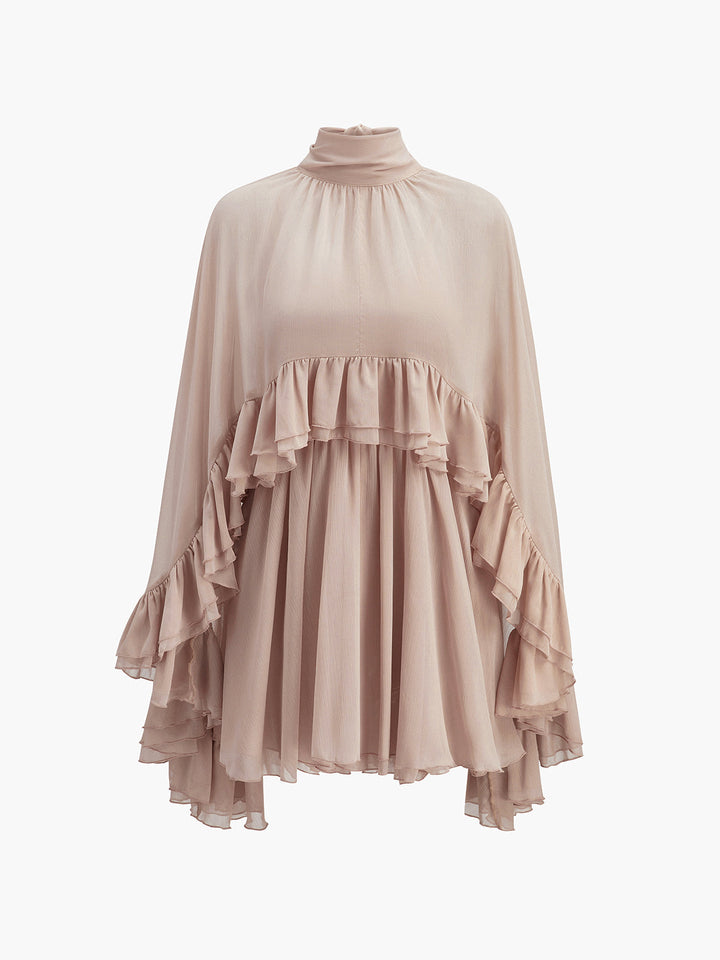 Semi-Sheer Chiffon Ruffle Dress With Outer Cape  Liora Lane Boutique Dresses