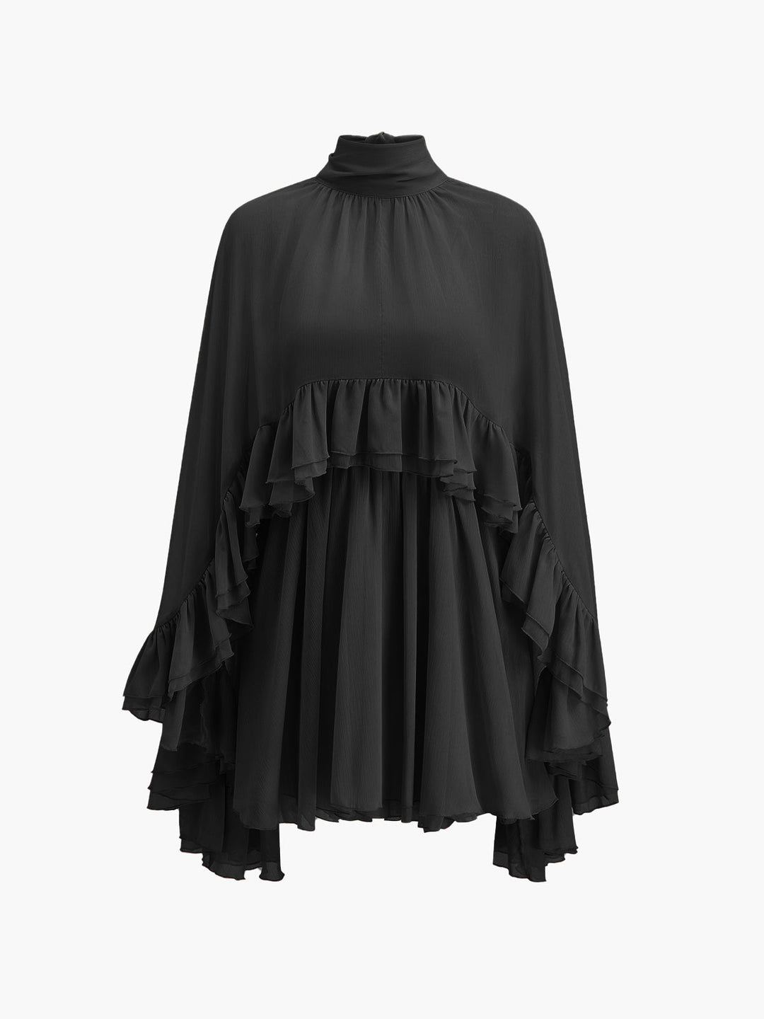 Semi-Sheer Chiffon Ruffle Dress With Outer Cape  Liora Lane Boutique Dresses Black / XL 74.00