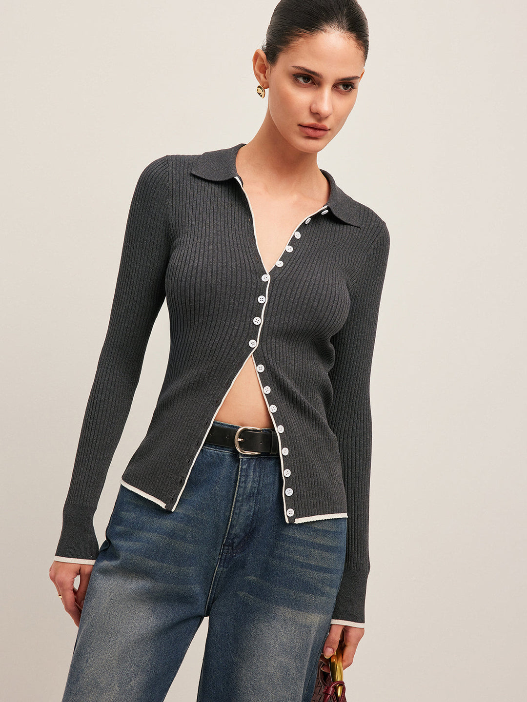 Ribbed Button-Front Cropped Cardigan  Liora Lane Boutique Cardigans Grey / XL 35.00
