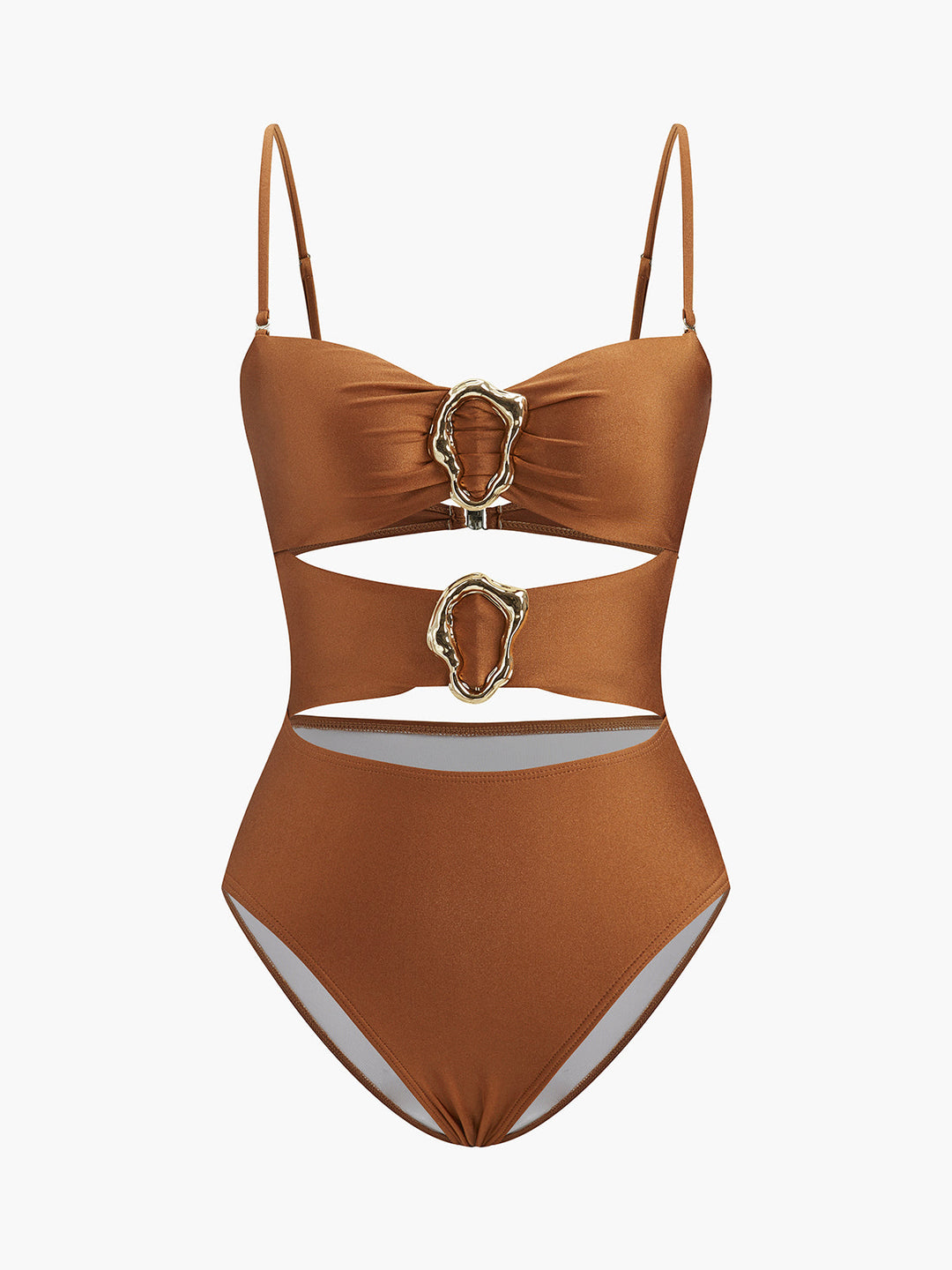 Metal Detail Cut-Out One-Piece  Liora Lane Boutique One-Pieces Brown / L 95.99