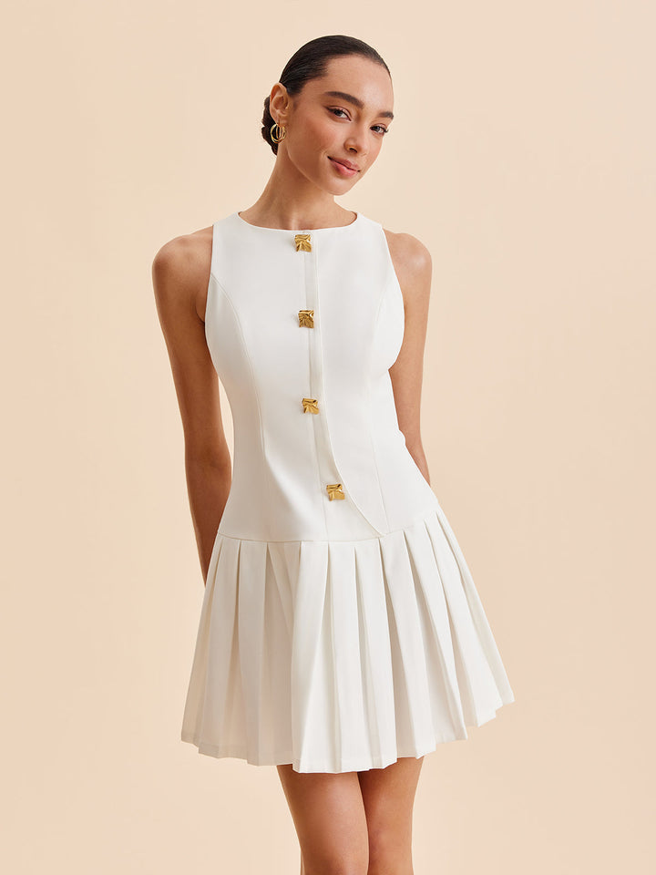 Metal-Button Pleated Tank Dress  Liora Lane Boutique Dresses White / XL 84.99