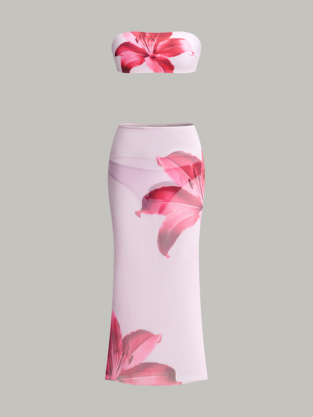 Floral Print Bandeau Bikini With Cover-Up Skirt  Liora Lane Boutique Bikini Sets Pink / XL 97.99