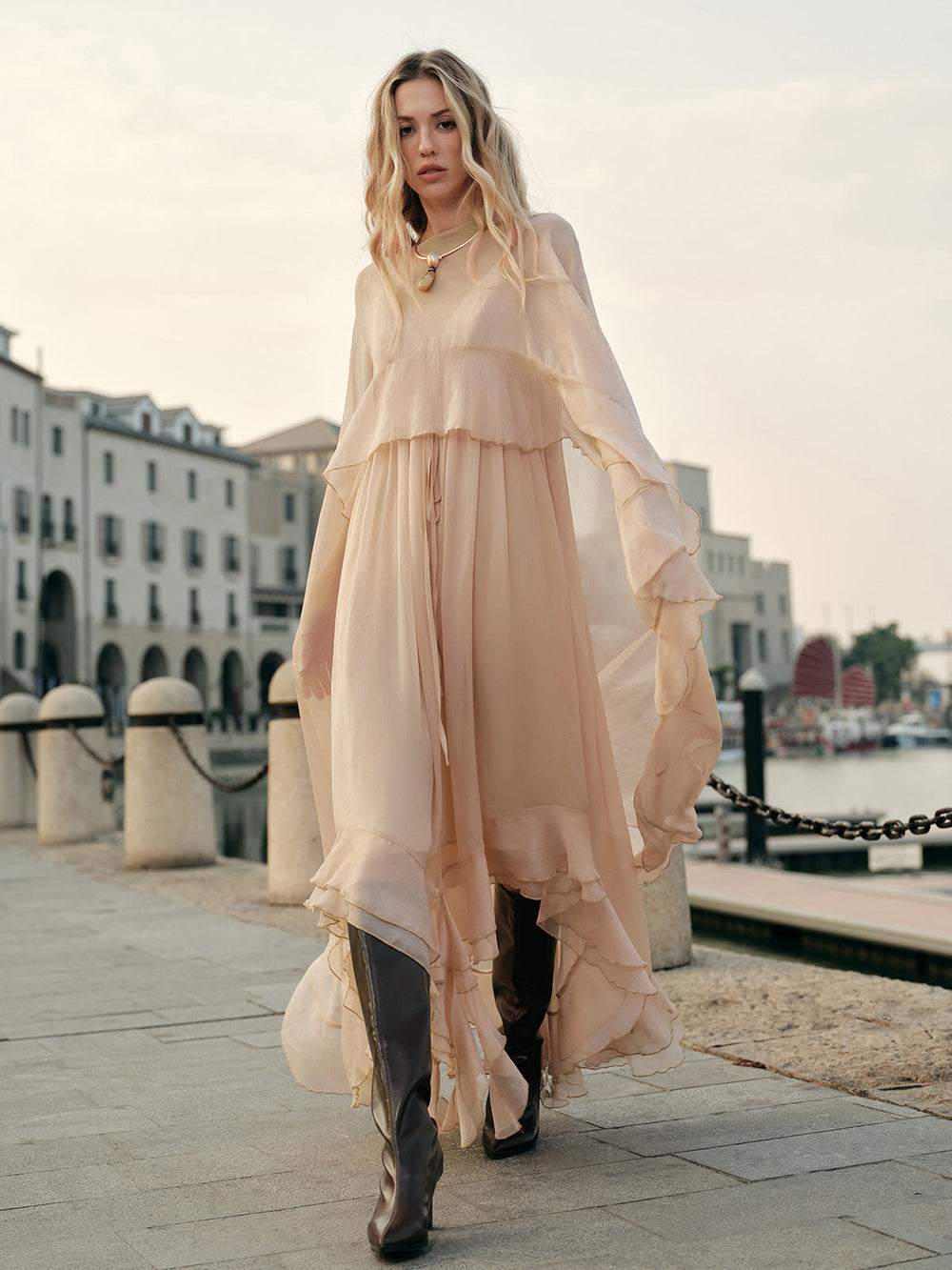 Semi-Sheer Chiffon Layered Dress With Cloak  Liora Lane Boutique Dresses