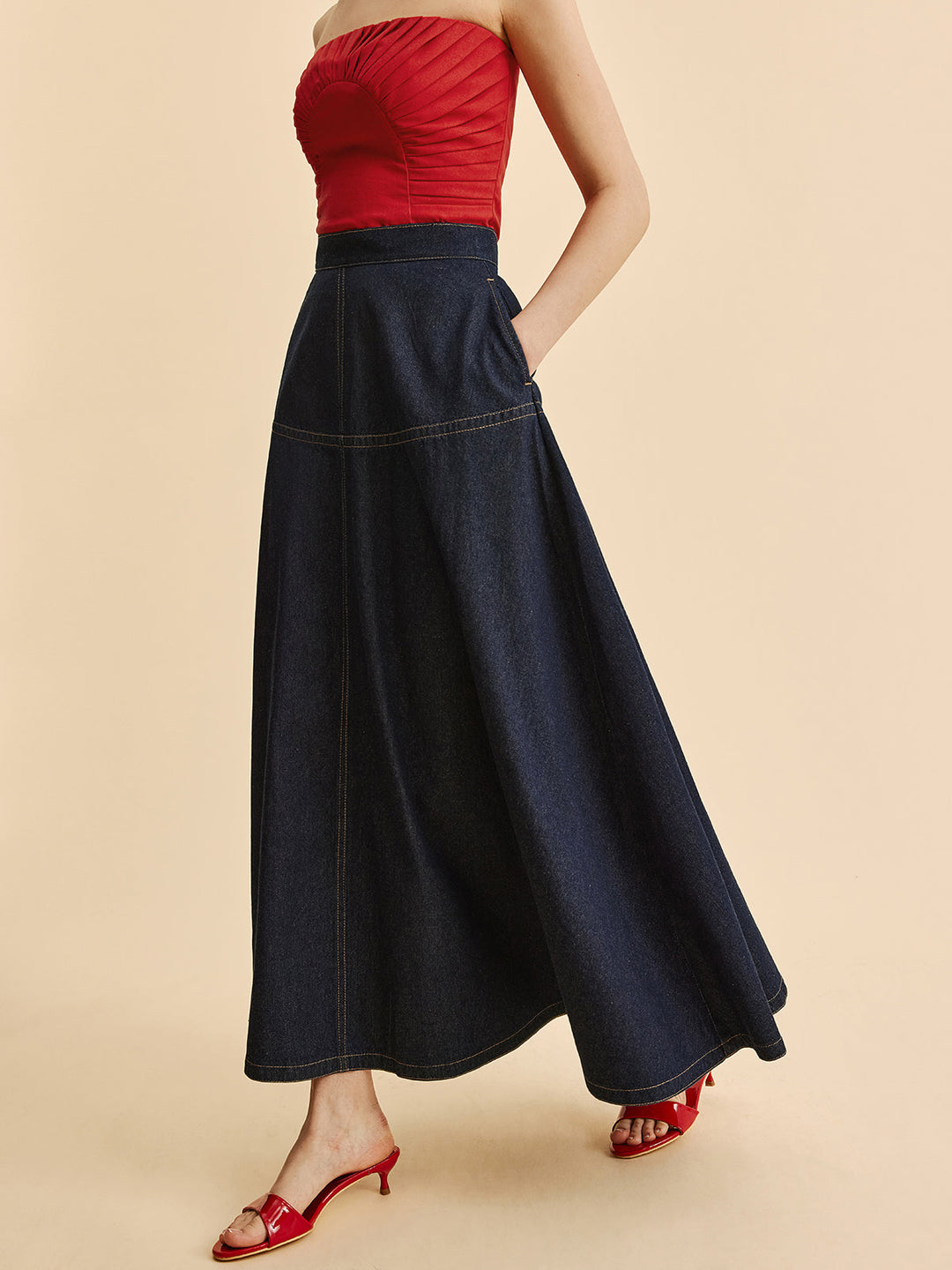 A-Line Denim Skirt With Side Pockets  Liora Lane Boutique Denim Skirts Navy / XL 62.00