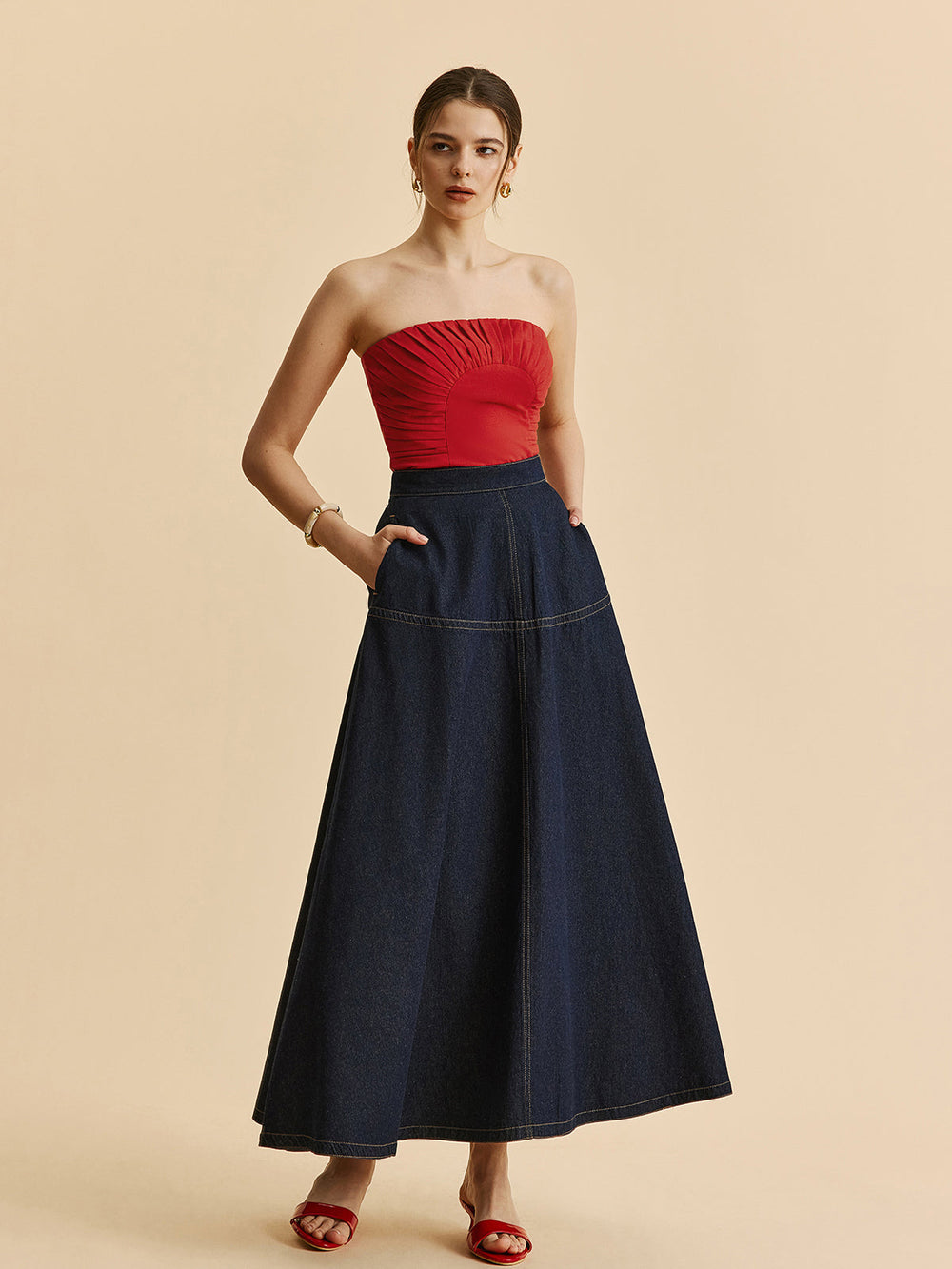 A-Line Denim Skirt With Side Pockets  Liora Lane Boutique Denim Skirts
