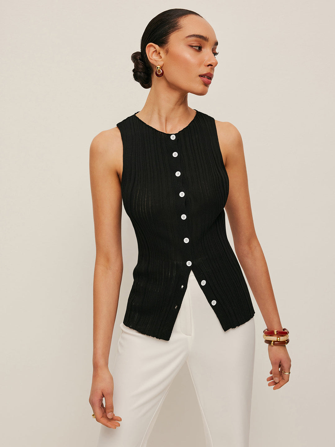 Sleeveless Ribbed Button-Front Top  Liora Lane Boutique Cardigans