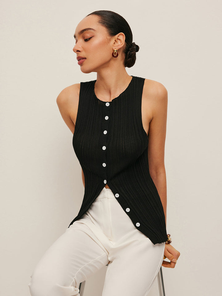 Sleeveless Ribbed Button-Front Top  Liora Lane Boutique Cardigans Black / L 29.00