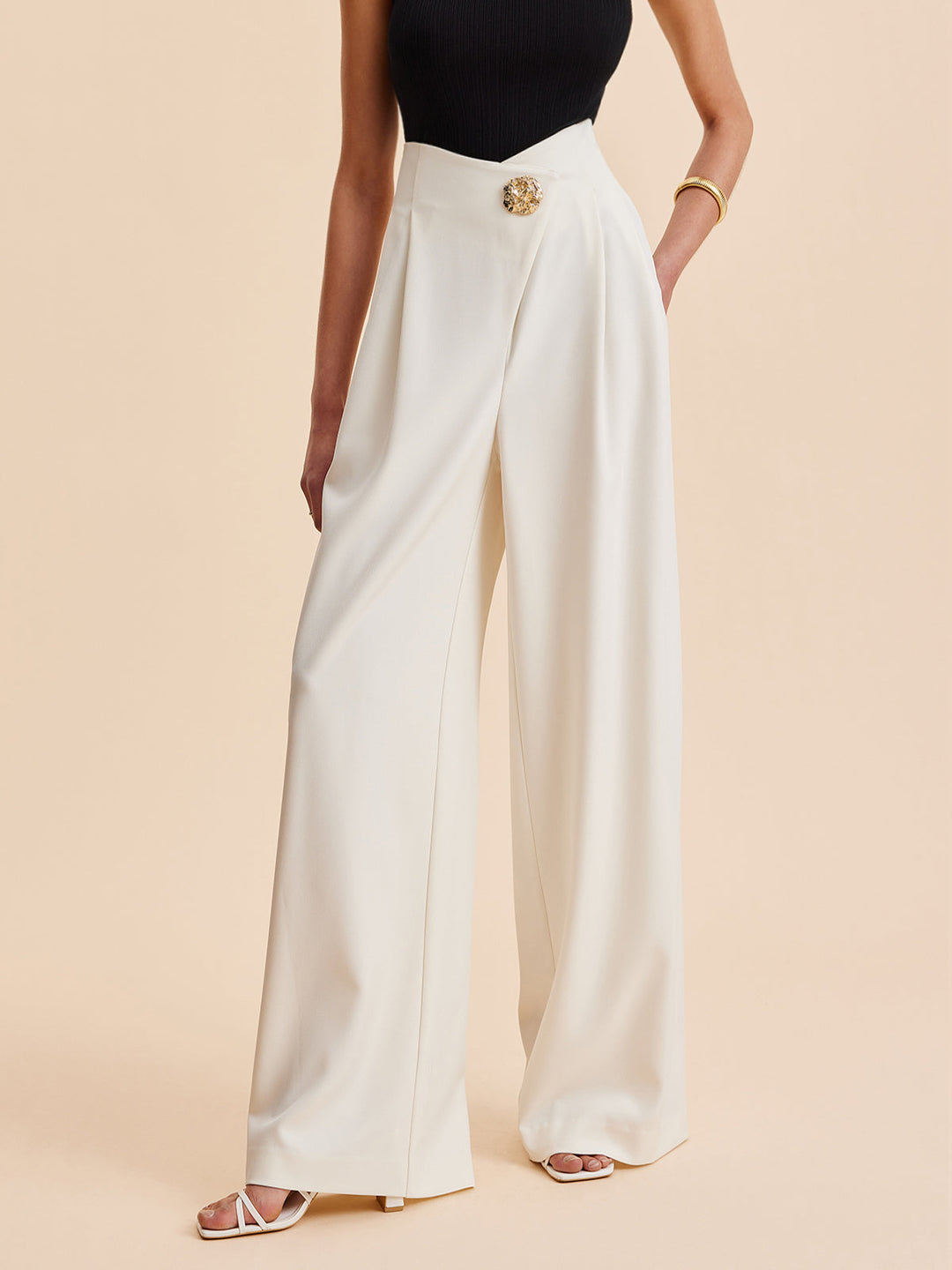 Embellished High-Waist Wide-Leg Pants  Liora Lane Boutique Pants Apricot / XL 54.00