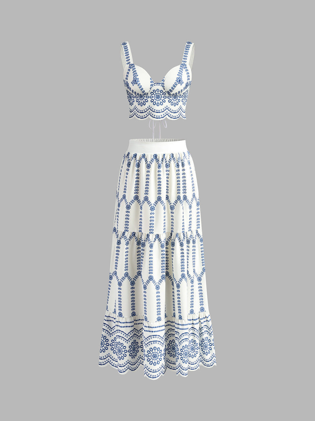 Printed Sleeveless Tie Back Skirt Set  Liora Lane Boutique Skirt Sets Bluewhite / XL 44.00