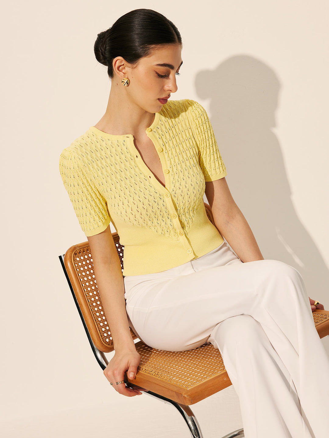 Hollow Knit Buttoned Top  Liora Lane Boutique Knit Tops LightYellow / XL 42.00