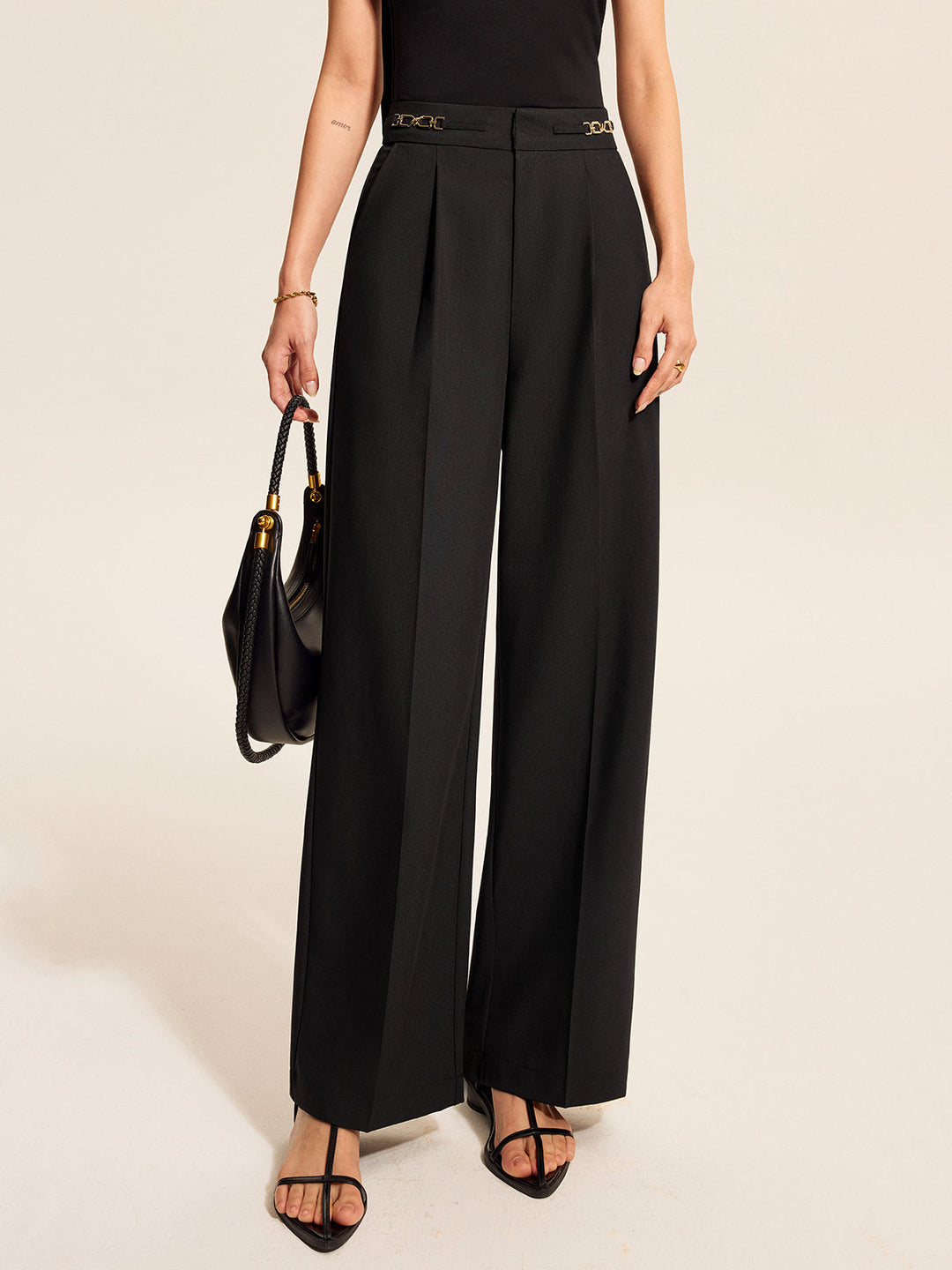 Mid-Waist Pleated Pants With Chain Detail  Liora Lane Boutique Pants Black / XL 48.00