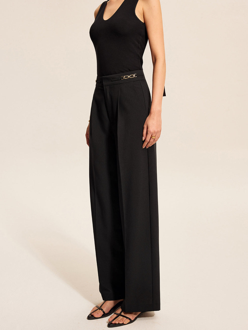Mid-Waist Pleated Pants With Chain Detail  Liora Lane Boutique Pants
