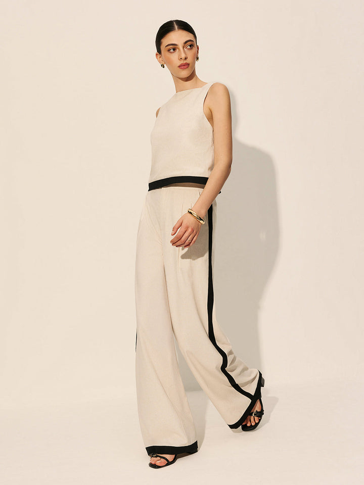 Linen & Cotton Zipper Contrast Binding Pant Set  Liora Lane Boutique Pant Sets