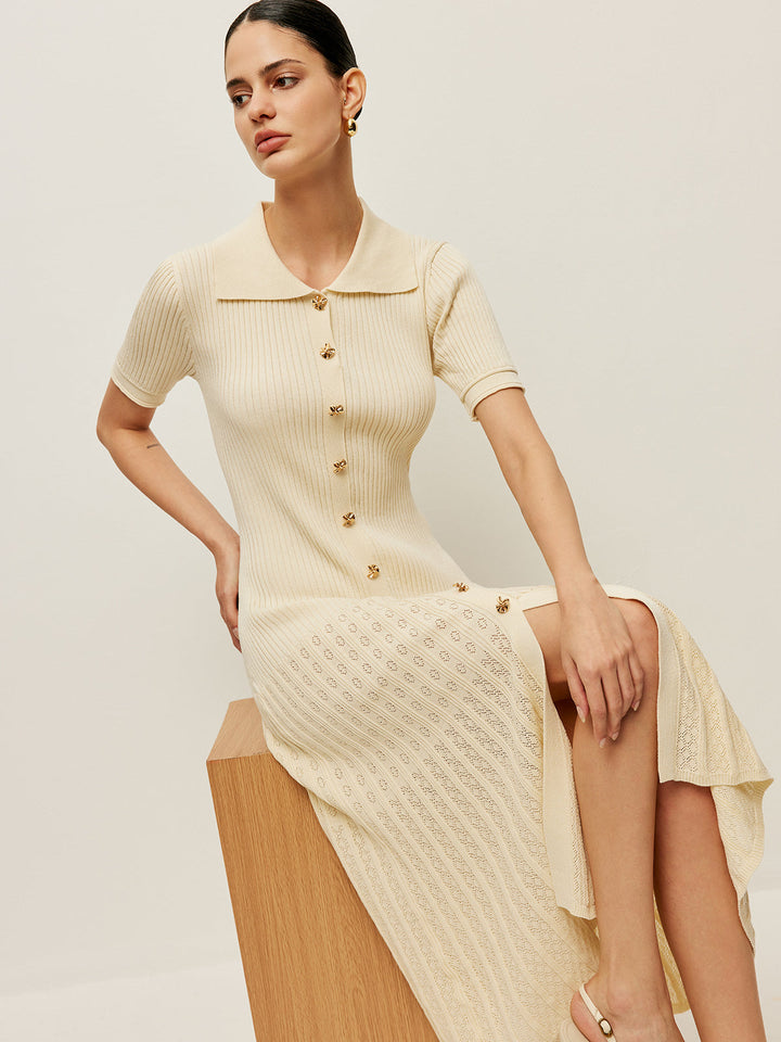 Knit Hollow Buttoned Polo Dress  Liora Lane Boutique Knit Dresses Off-White / XL 84.99