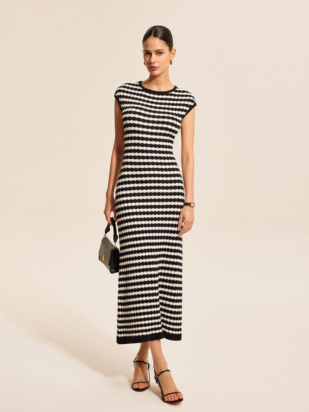 Striped Cap Sleeves Knit Dress  Liora Lane Boutique Sweater Dresses Black and White / XL 131.99