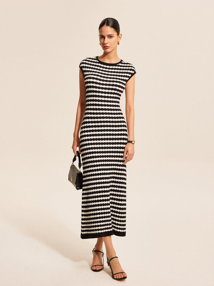 Striped Cap Sleeves Knit Dress  Liora Lane Boutique Sweater Dresses Black and White / XL 131.99