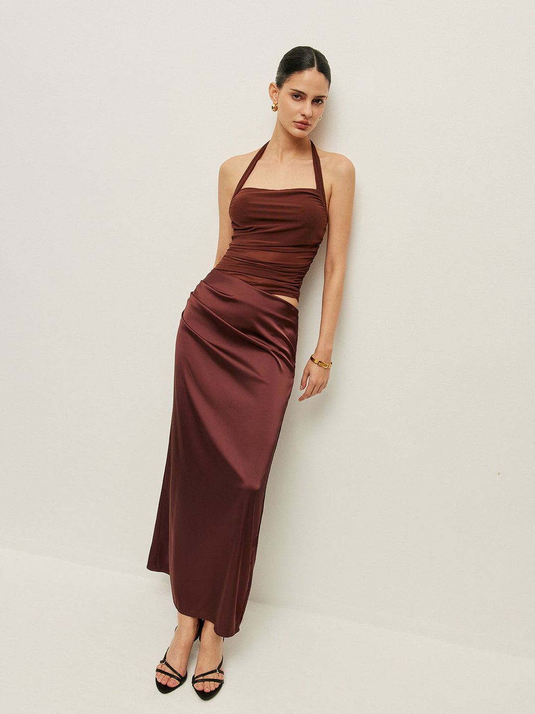 Ruched Halter Neck Cut-Out Detail Dress  Liora Lane Boutique Dresses Brown / XL 34.00