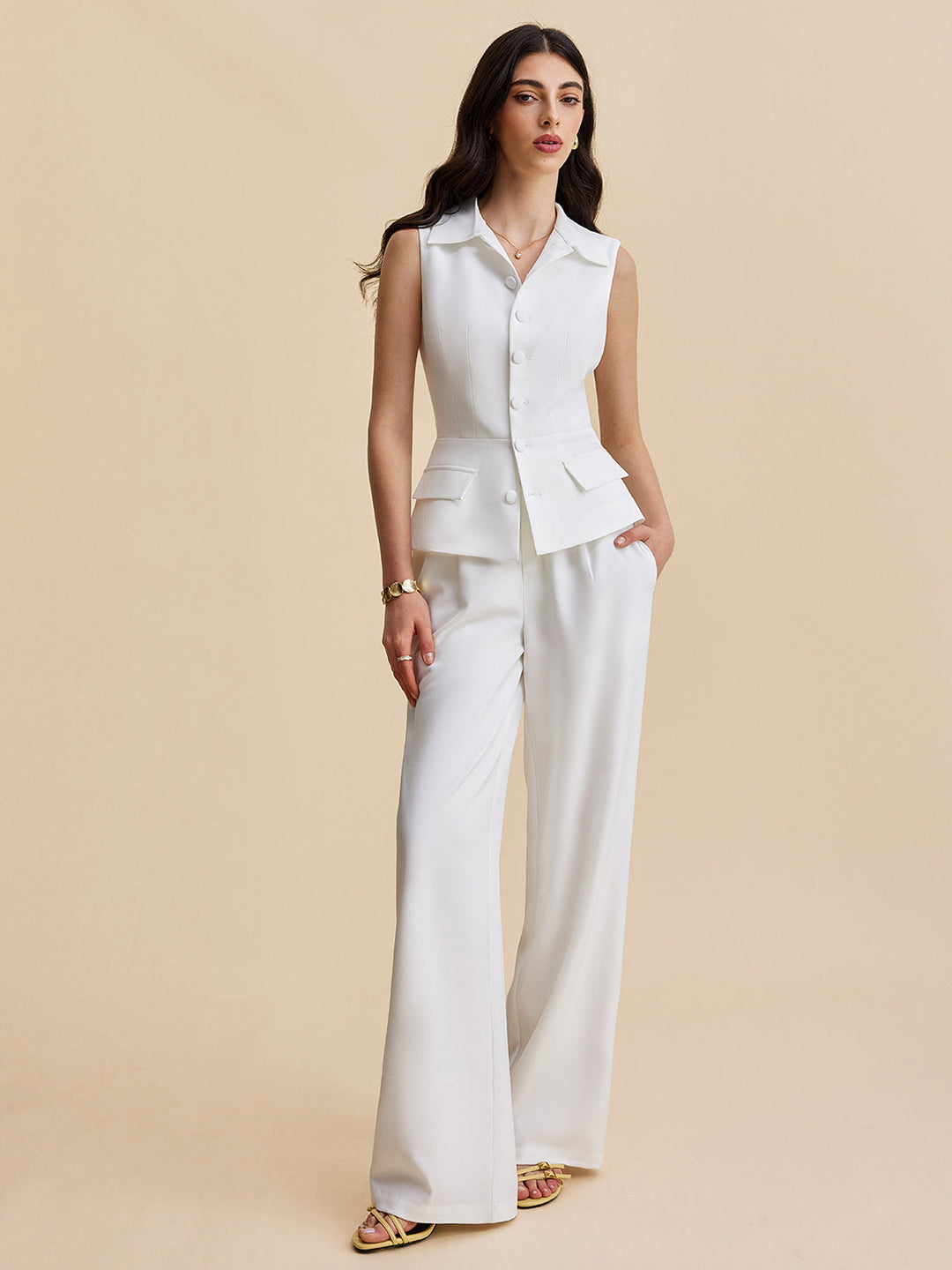 Pockets Buttoned Sleeveless Pants Set  Liora Lane Boutique Pant Sets White / XL 183.99