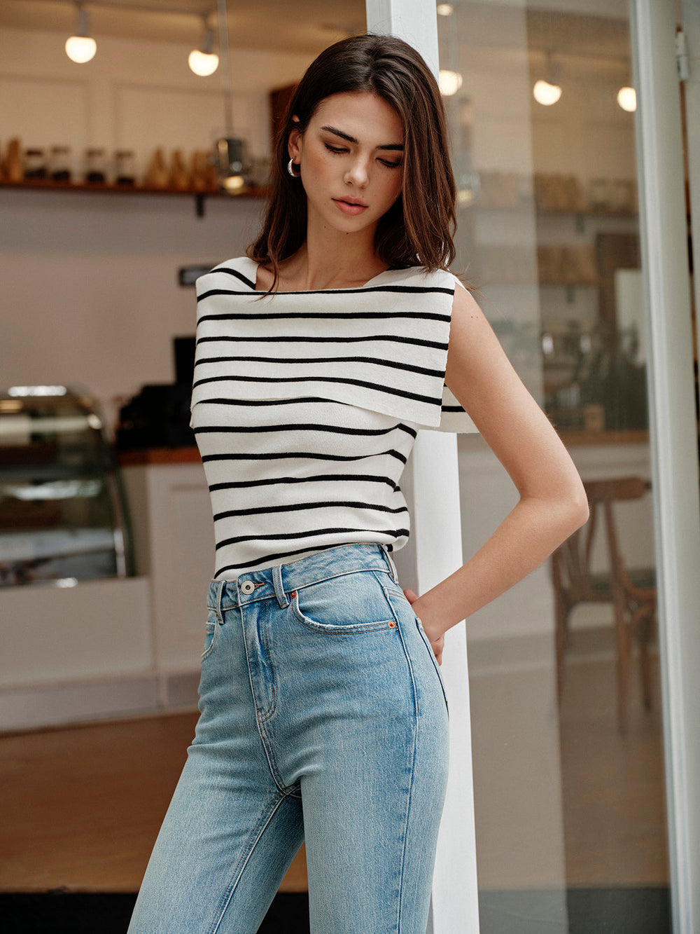 Striped Shawl-Collar Knit Top  Liora Lane Boutique Knit Tops