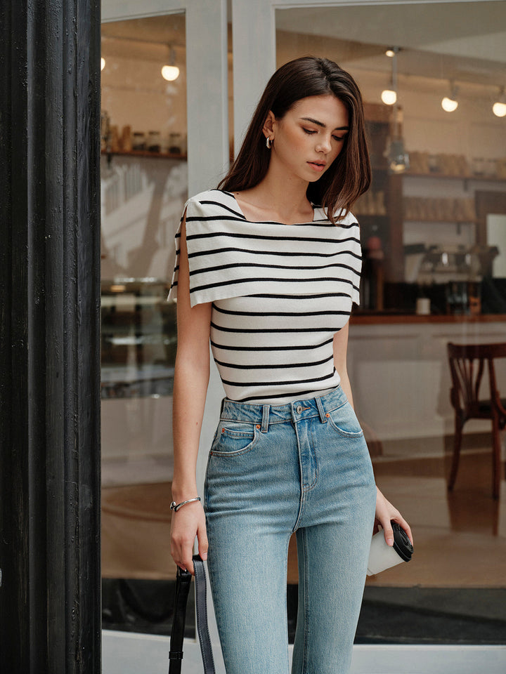 Striped Shawl-Collar Knit Top  Liora Lane Boutique Knit Tops