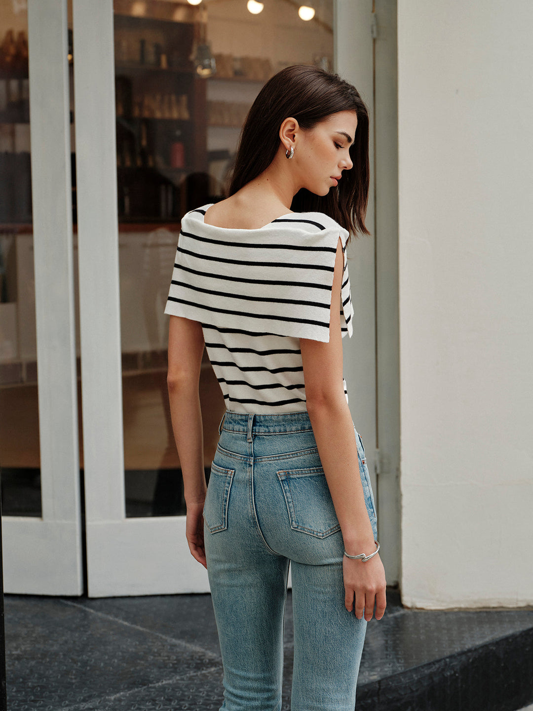 Striped Shawl-Collar Knit Top  Liora Lane Boutique Knit Tops