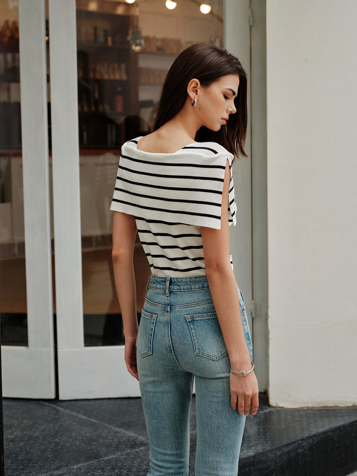 Striped Shawl-Collar Knit Top  Liora Lane Boutique Knit Tops