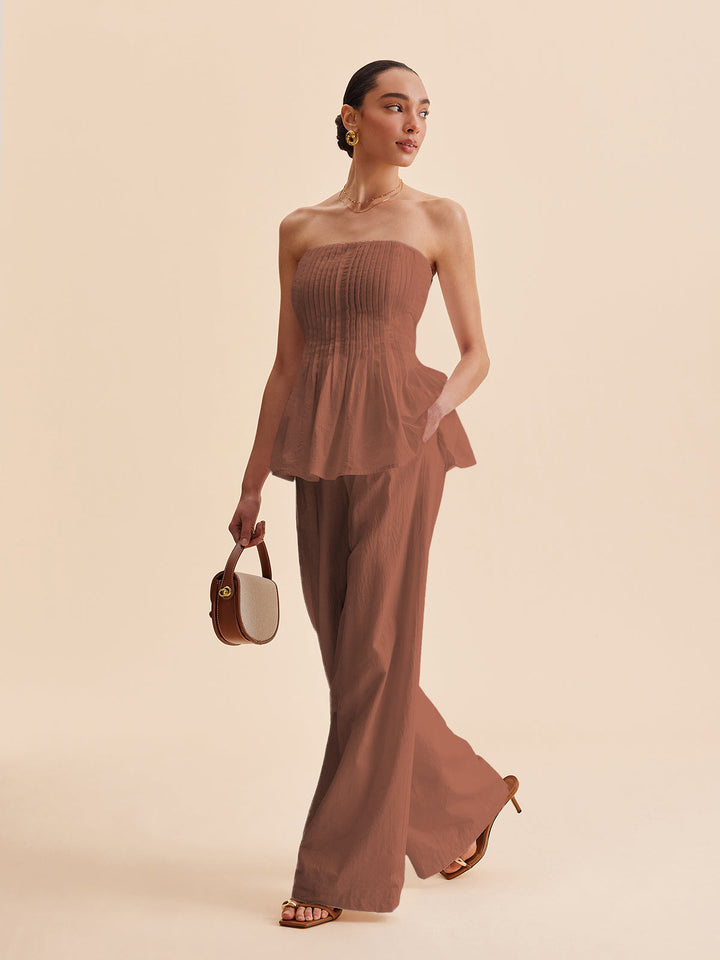 Cotton Mid-Waist Wide-Leg Pants With Pockets  Liora Lane Boutique Pants Light Brown / XL 39.00