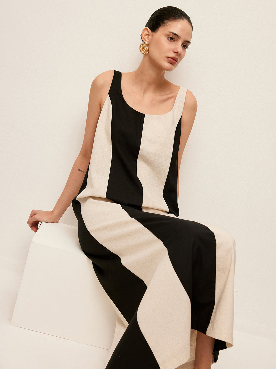 Cotton & Linen Striped Sleeveless Dress  Liora Lane Boutique Dresses Black / XL 84.99