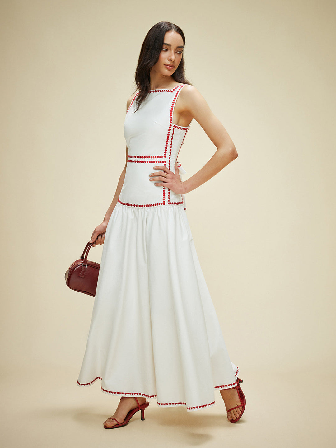 Cotton Contrast Trim Back Tie Dress  Liora Lane Boutique Dresses White / XL 94.99