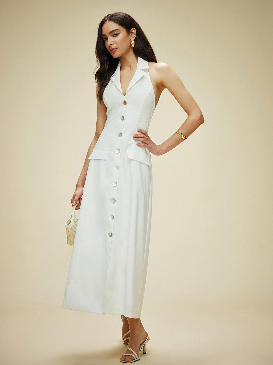 Cotton & Linen Pocket-Detail Halter Neck Tie-Back Dress  Liora Lane Boutique Dresses