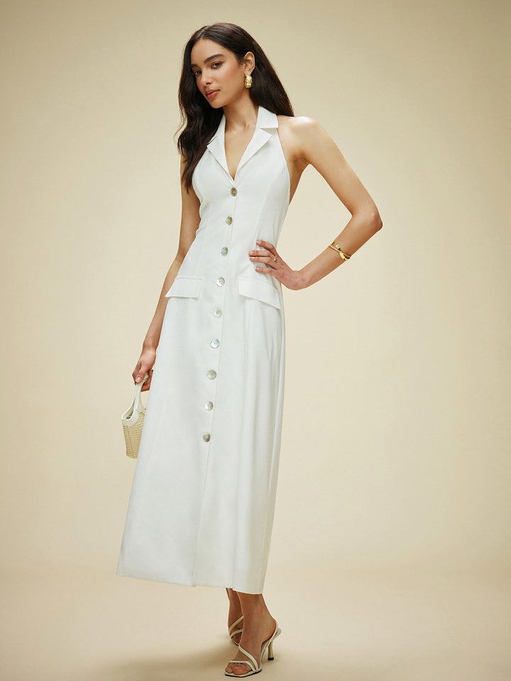 Cotton & Linen Pocket-Detail Halter Neck Tie-Back Dress  Liora Lane Boutique Dresses